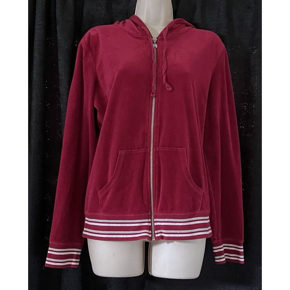 Victoria's Secret Maroon Red Full Zip Ribbed Velour Hoodie Jacket Size Large